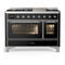 ILVE Majestic III 48-inch Dual Fuel Range with 5 Liquid Propane Burner, Griddle and Triple Glass Door Electric Oven in Glossy Black with Chrome Trim (UM48FNR3BKCLP)