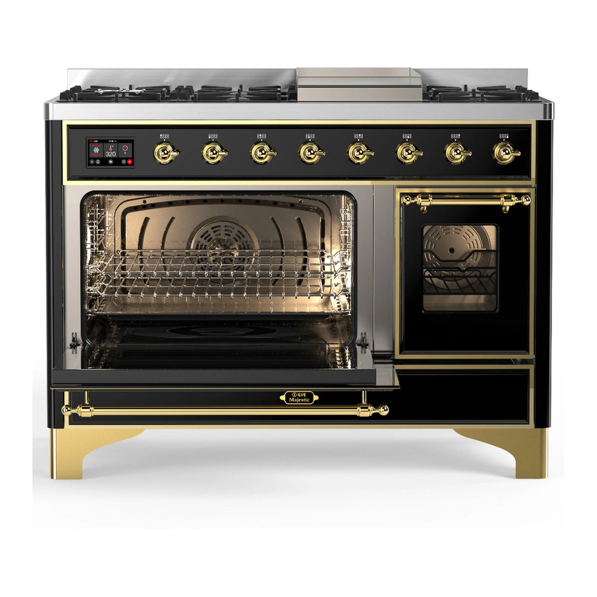 ILVE dual fuel range in glossy black with brass trim; left oven open, right door shut
