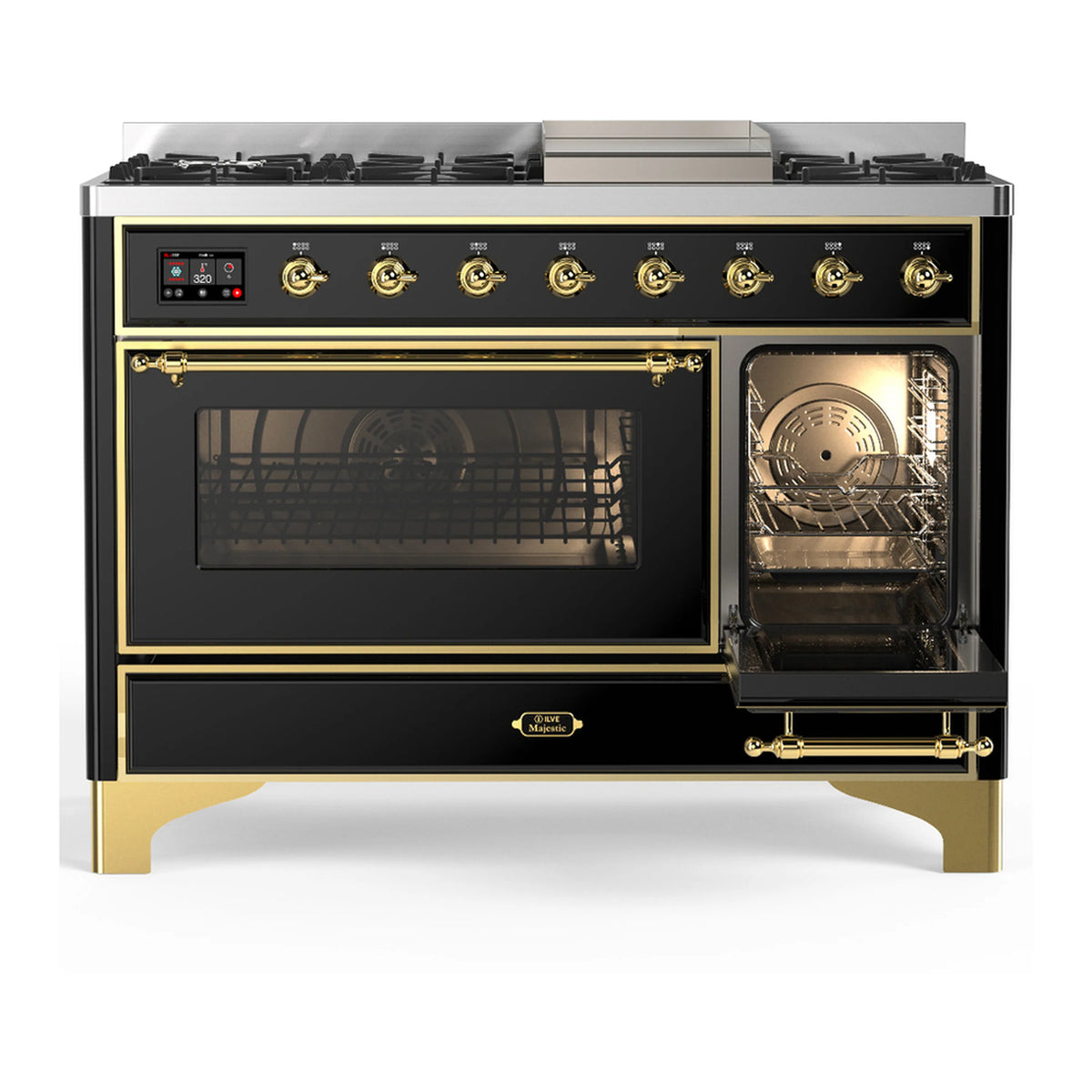 ILVE dual fuel range in glossy black with brass trim; left oven window closed, right open