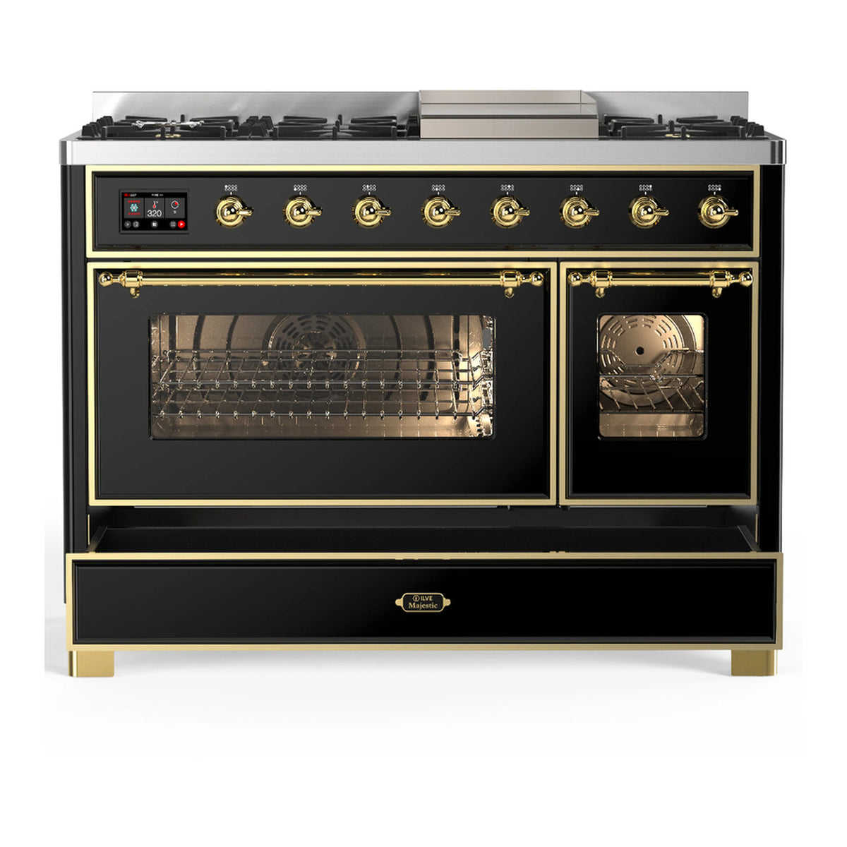 ILVE dual fuel range in glossy black with brass trim; double oven doors closed