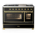 ILVE Majestic III 48-inch Dual Fuel Range with 5 Natural Gas Burner, Griddle and Triple Glass Door Electric Oven in Glossy Black with Brass Trim (UM48FNR3BKG)