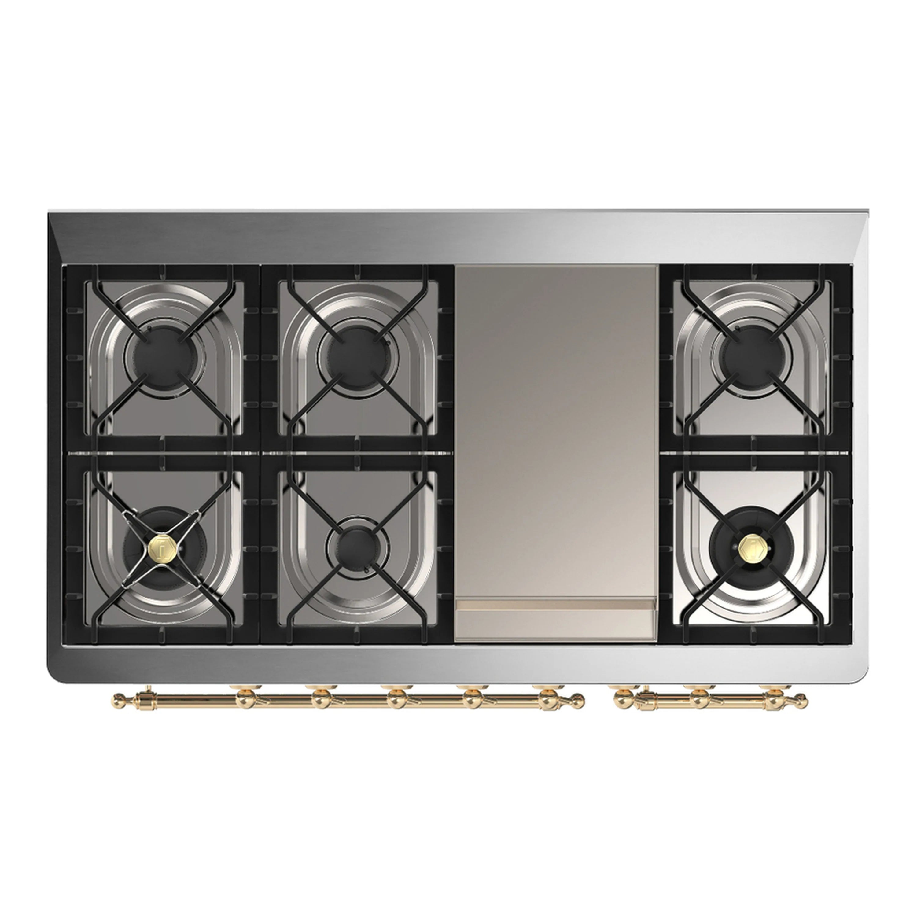 ILVE dual fuel range top view with four gas burners and brass-trimmed grates