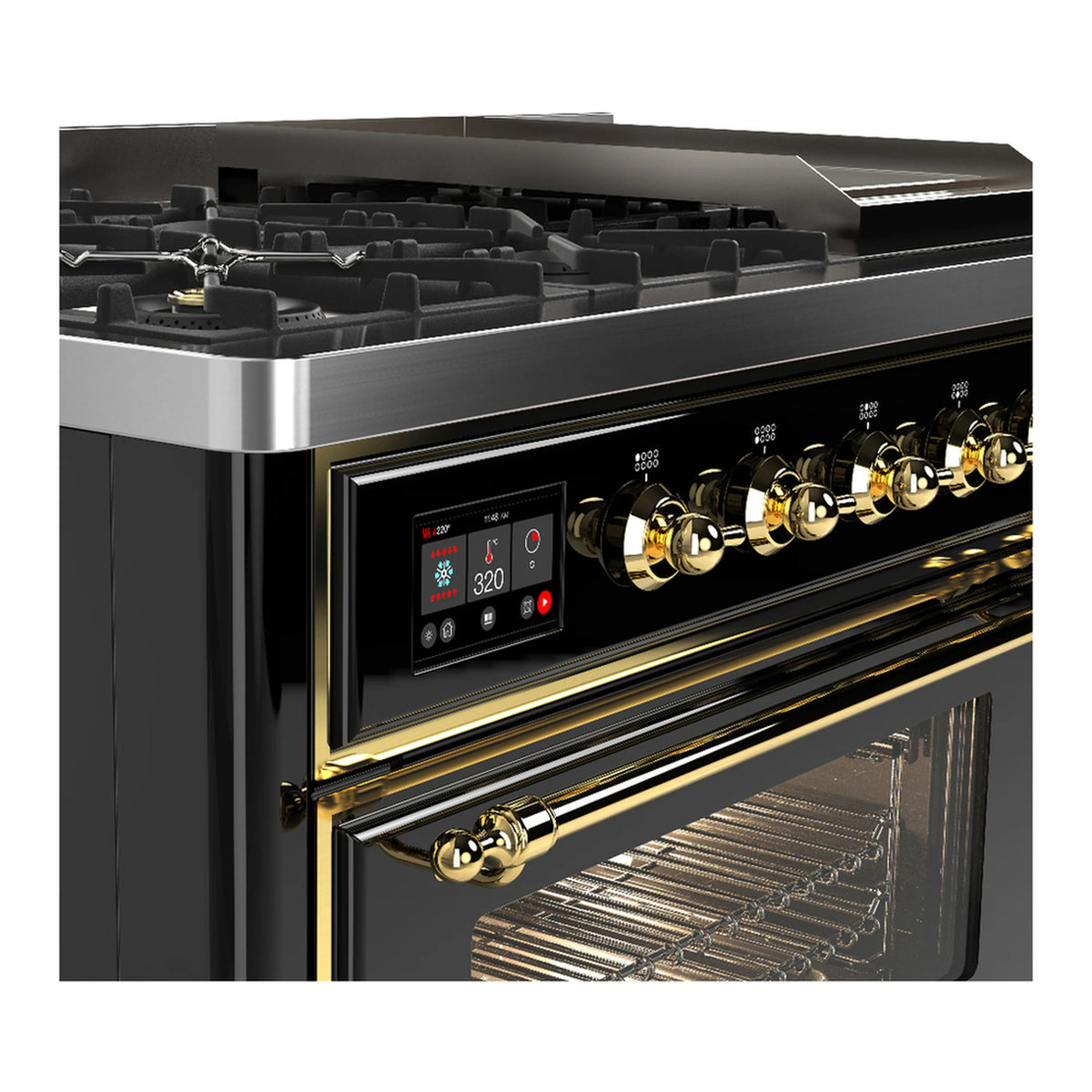 ILVE dual fuel range brass control knobs and open oven rack
