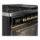 ILVE Majestic III 48-inch Dual Fuel Range with 5 Natural Gas Burner, Griddle and Triple Glass Door Electric Oven in Glossy Black with Brass Trim (UM48FNR3BKG)