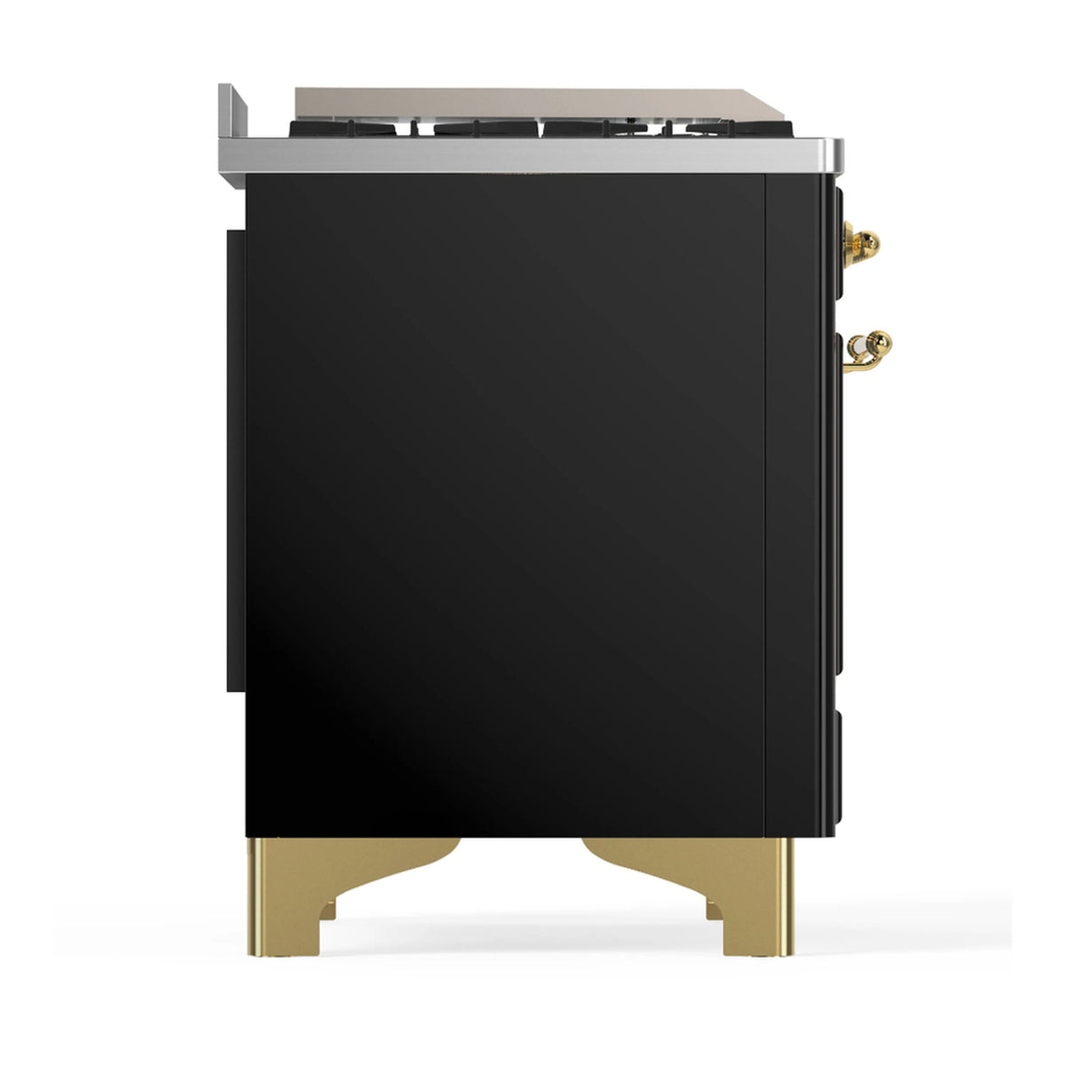 ILVE dual fuel range side panel in glossy black with brass base feet