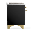 ILVE Majestic III 48-inch Dual Fuel Range with 5 Natural Gas Burner, Griddle and Triple Glass Door Electric Oven in Glossy Black with Brass Trim (UM48FNR3BKG)