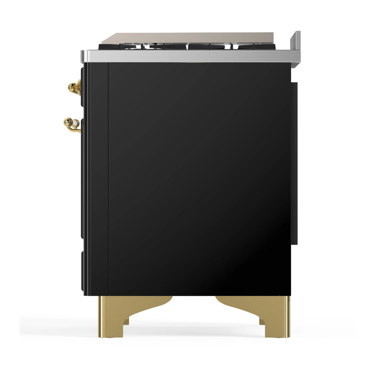 ILVE dual fuel range rear panel in glossy black with brass trim and feet