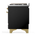 ILVE Majestic III 48-inch Dual Fuel Range with 5 Natural Gas Burner, Griddle and Triple Glass Door Electric Oven in Glossy Black with Brass Trim (UM48FNR3BKG)