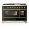 ILVE Majestic III 48-inch Dual Fuel Range with 5 Liquid Propane Burner, Griddle and Triple Glass Door Electric Oven in Glossy Black with Brass Trim (UM48FNR3BKGLP)