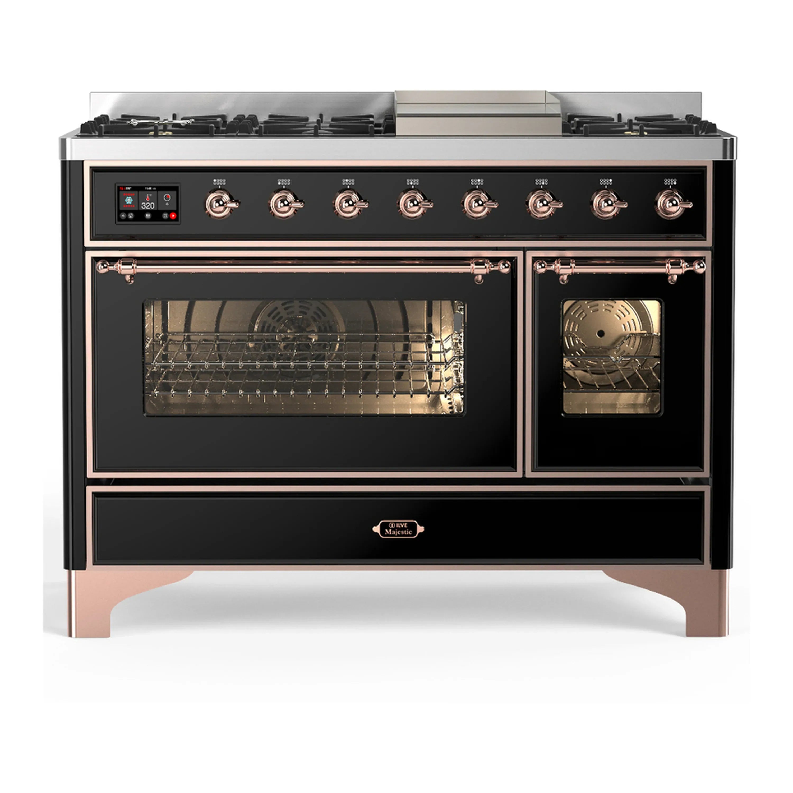 Glossy black dual fuel range with copper trim, cooktop burners and dual oven doors closed.