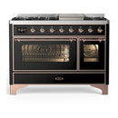 ILVE Majestic III 48-inch Dual Fuel Range with 5 Natural Gas Burner, Griddle and Triple Glass Door Electric Oven in Glossy Black with Copper Trim (UM48FNR3BKP)
