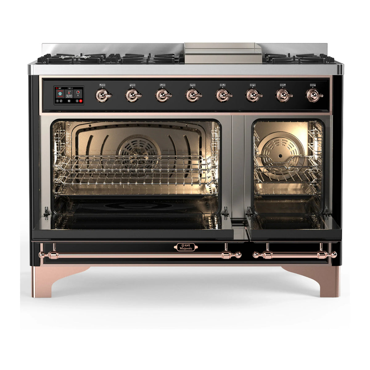 Glossy black dual fuel range with copper trim, ovens open and cooktop burners visible.