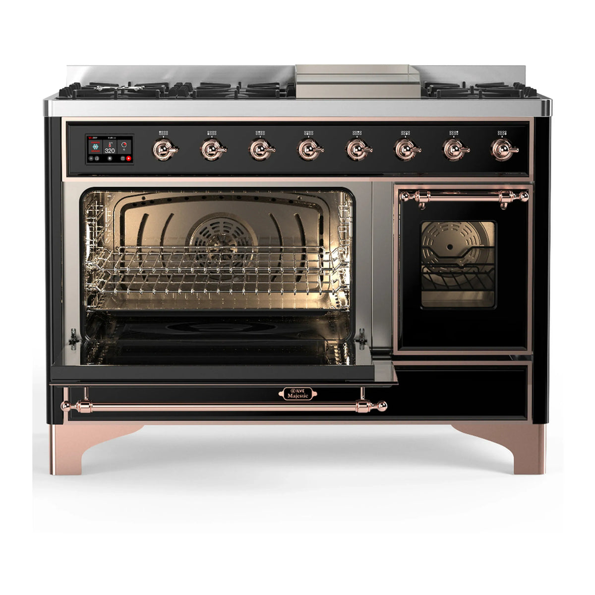 Glossy black dual fuel range with copper trim, dual ovens open and gas burners on top.