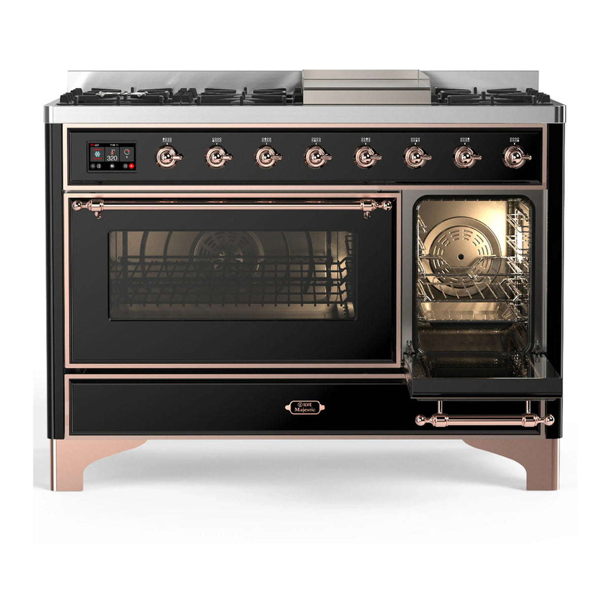 Glossy black dual fuel range with copper trim, one oven door closed and other open.