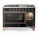 ILVE Majestic III 48-inch Dual Fuel Range with 5 Natural Gas Burner, Griddle and Triple Glass Door Electric Oven in Glossy Black with Copper Trim (UM48FNR3BKP)