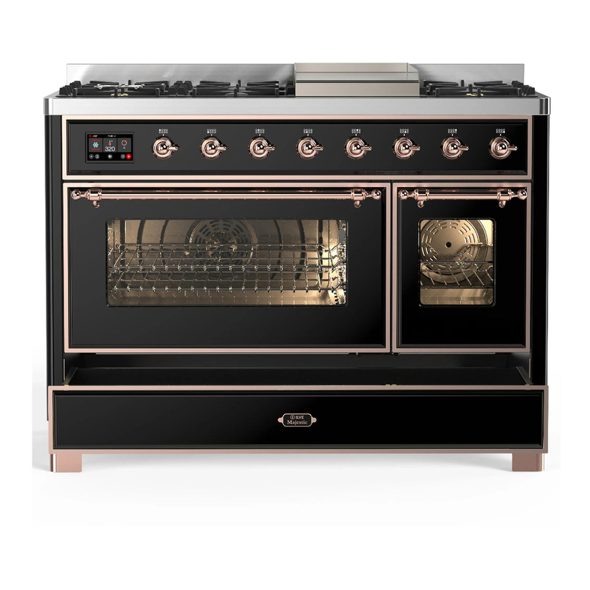 Glossy black dual fuel range with copper trim, both oven doors open with glass fronts.
