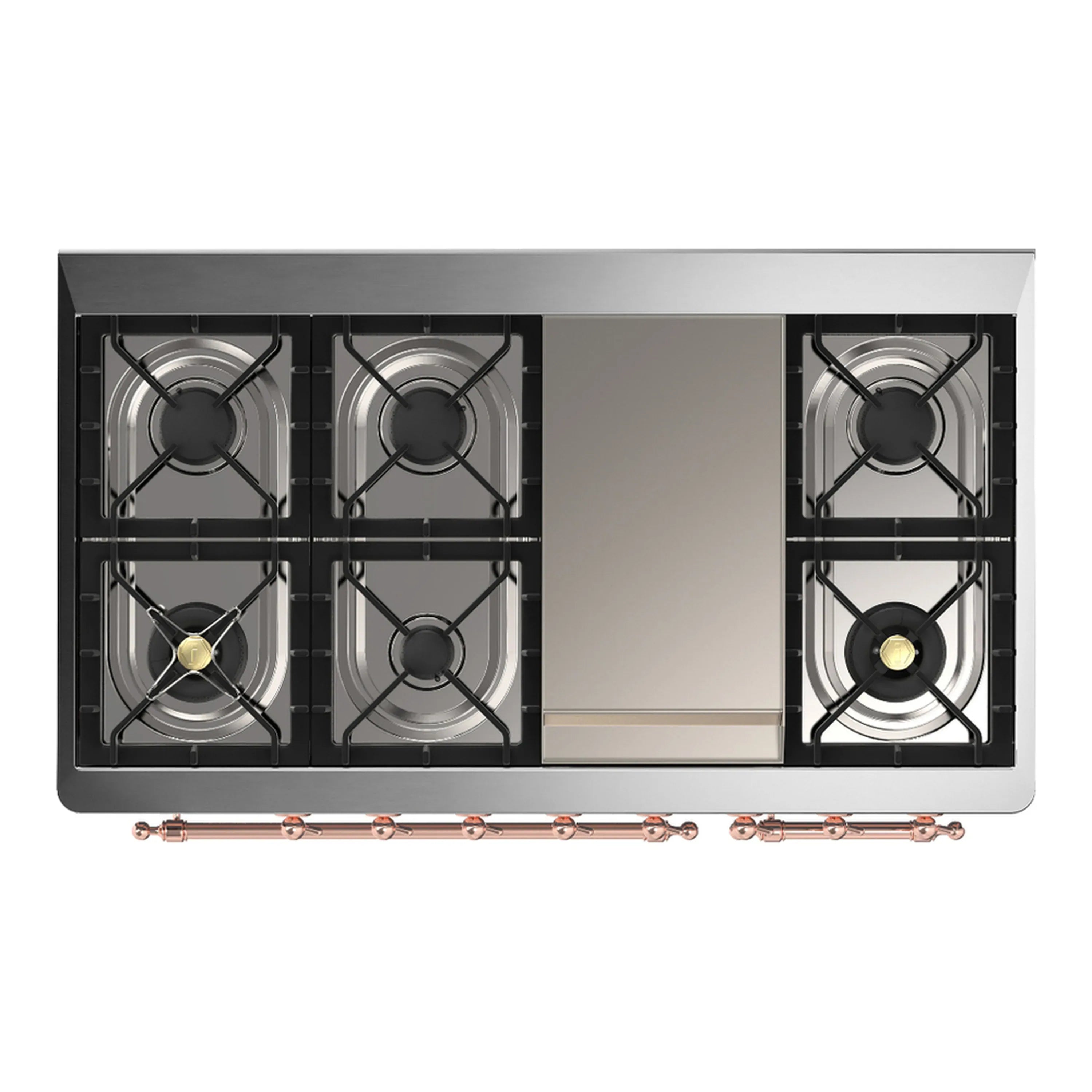 Black cooktop with five gas burners and griddle center, copper trim on dual fuel range.
