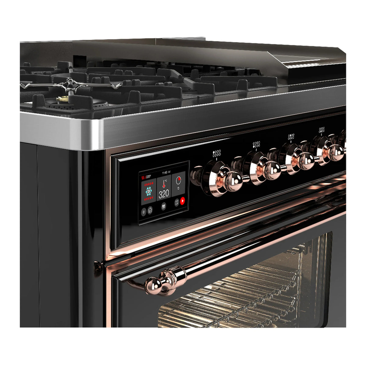 Dual fuel range control panel with glossy black finish, copper knobs and digital display.