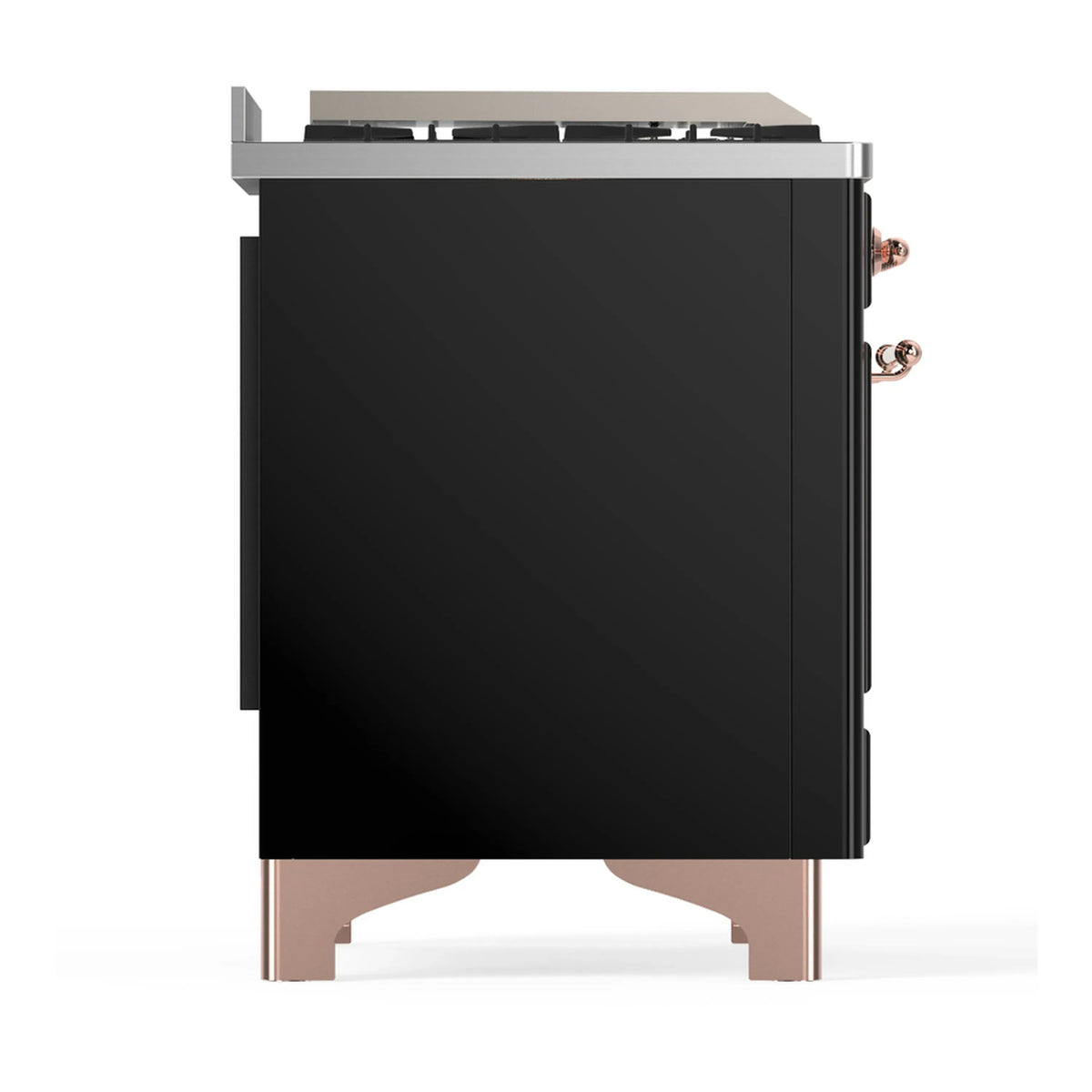 Glossy black dual fuel range side panel with copper trim and rear vented section.