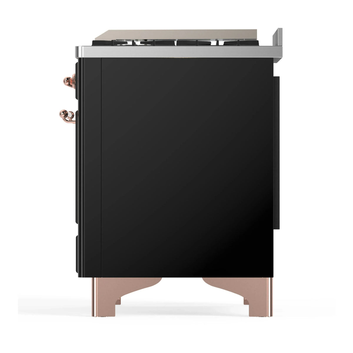 Glossy black dual fuel range side view with copper trim and control knobs on edge.