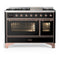 ILVE Majestic III 48-inch Dual Fuel Range with 5 Liquid Propane Burner, Griddle and Triple Glass Door Electric Oven in Glossy Black with Copper Trim (UM48FNR3BKPLP)
