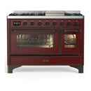 ILVE Majestic III 48-inch Dual Fuel Range with 5 Natural Gas Burner, Griddle and Triple Glass Door Electric Oven in Burgundy with Burnished Trim (UM48FNR3BUB)