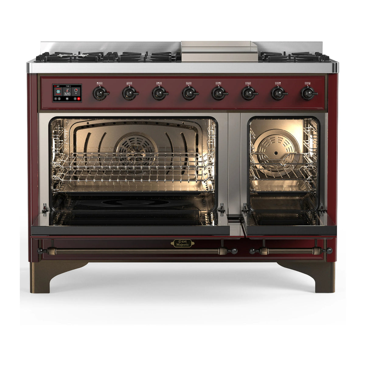 Burgundy dual fuel range with burner controls and open electric oven doors, racks visible