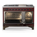ILVE Majestic III 48-inch Dual Fuel Range with 5 Natural Gas Burner, Griddle and Triple Glass Door Electric Oven in Burgundy with Burnished Trim (UM48FNR3BUB)