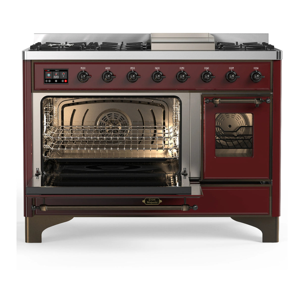 Burgundy dual fuel range with burner controls and open oven doors, interior racks shown