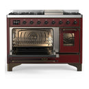 ILVE Majestic III 48-inch Dual Fuel Range with 5 Natural Gas Burner, Griddle and Triple Glass Door Electric Oven in Burgundy with Burnished Trim (UM48FNR3BUB)