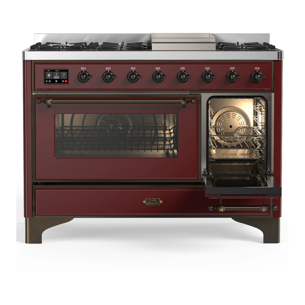 Burgundy dual fuel range with burner controls; left door window and right oven racks visible