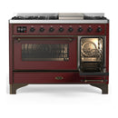 ILVE Majestic III 48-inch Dual Fuel Range with 5 Natural Gas Burner, Griddle and Triple Glass Door Electric Oven in Burgundy with Burnished Trim (UM48FNR3BUB)