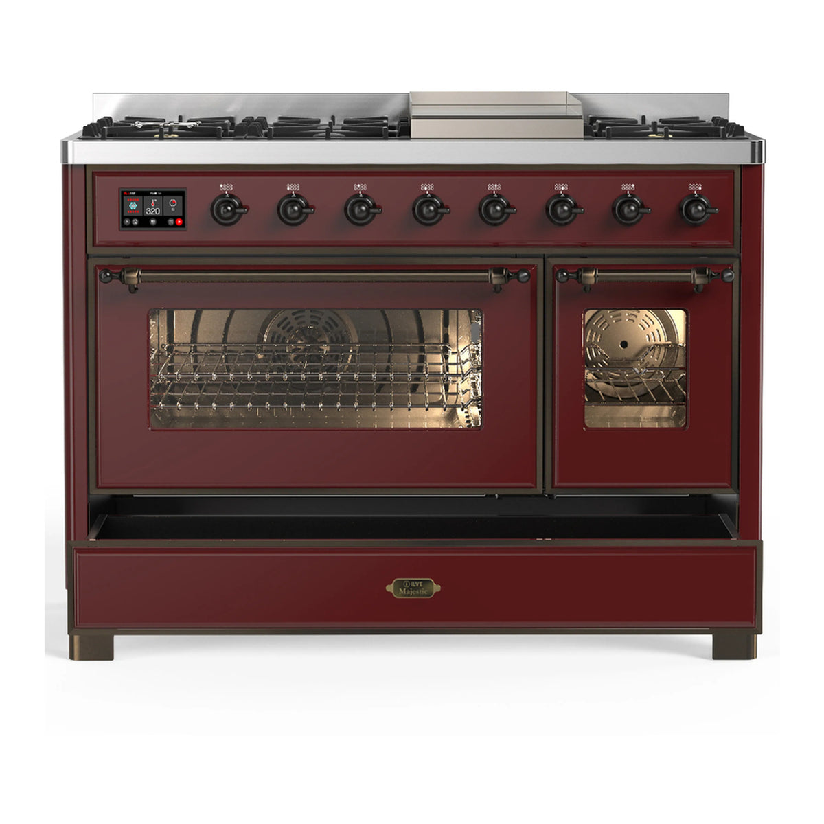 Burgundy dual fuel range with burner controls and both oven doors open, racks visible