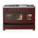 ILVE Majestic III 48-inch Dual Fuel Range with 5 Natural Gas Burner, Griddle and Triple Glass Door Electric Oven in Burgundy with Burnished Trim (UM48FNR3BUB)