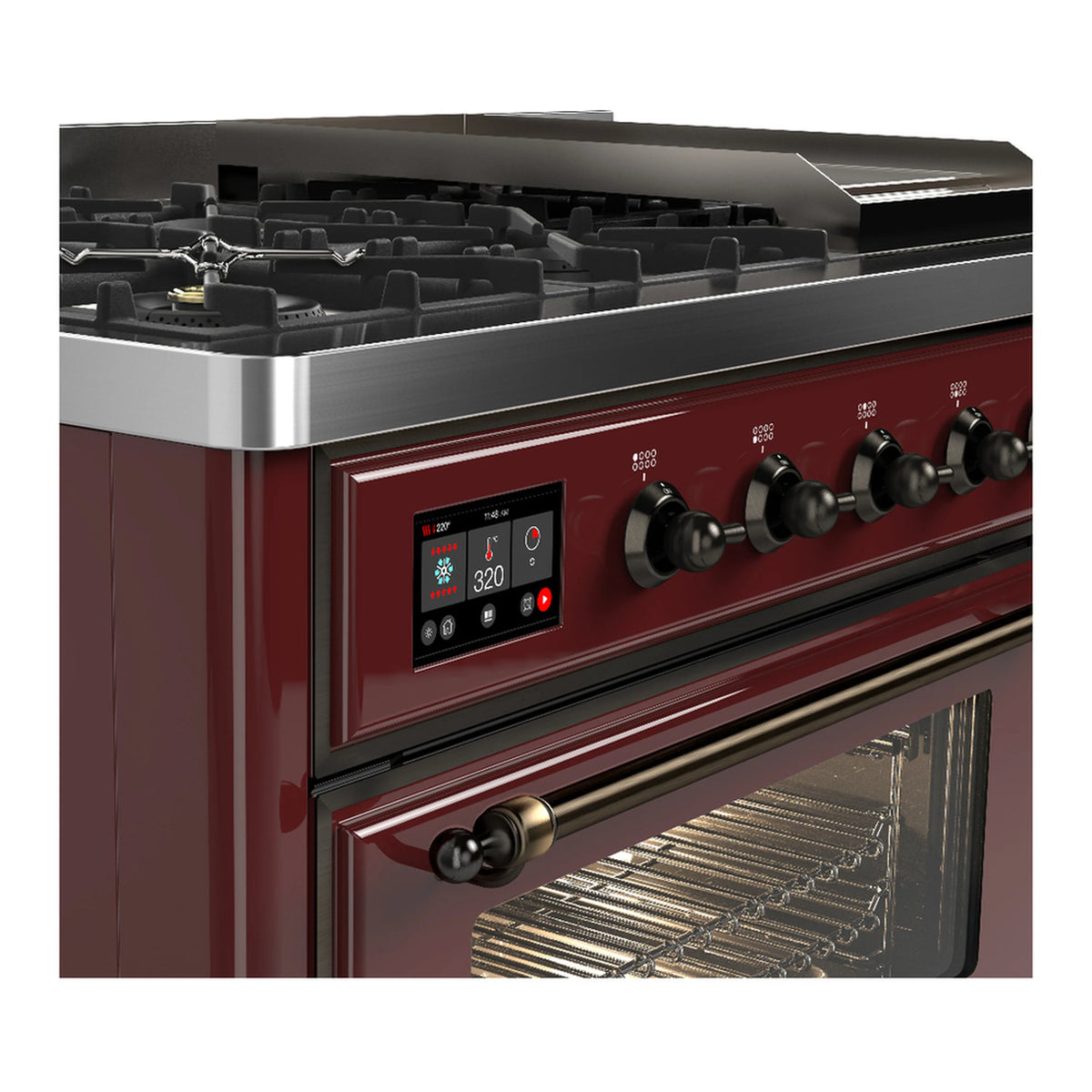 Burgundy dual fuel range control panel with knobs and display above the open oven