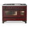 ILVE Majestic III 48-inch Dual Fuel Range with 5 Natural Gas Burner, Griddle and Triple Glass Door Electric Oven in Burgundy with Burnished Trim (UM48FNR3BUB)