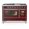 ILVE Majestic III 48-inch Dual Fuel Range with 5 Natural Gas Burner, Griddle and Triple Glass Door Electric Oven in Burgundy with Chrome Trim (UM48FNR3BUC)