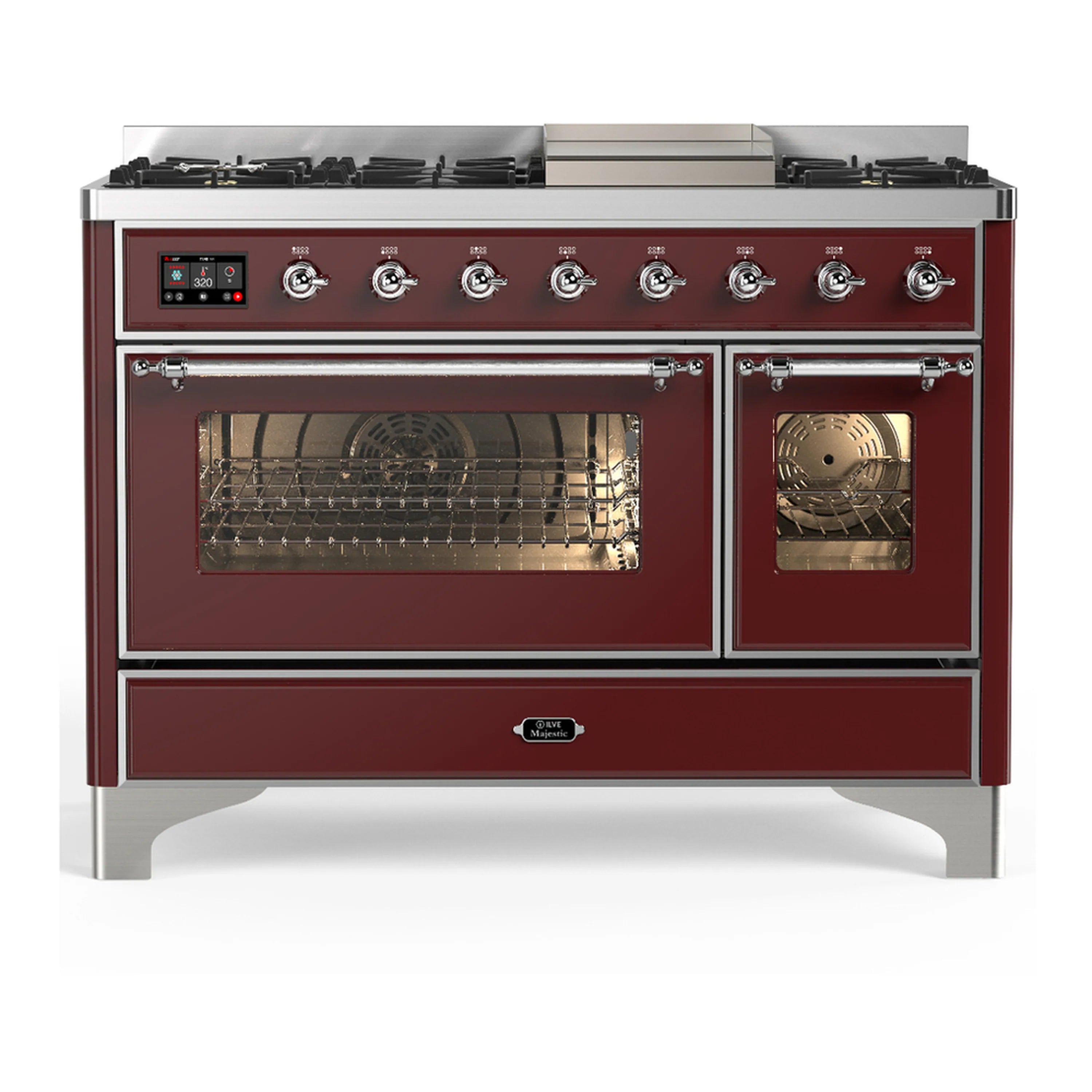 Burgundy dual-fuel range with chrome trim; both oven doors open showing racks inside