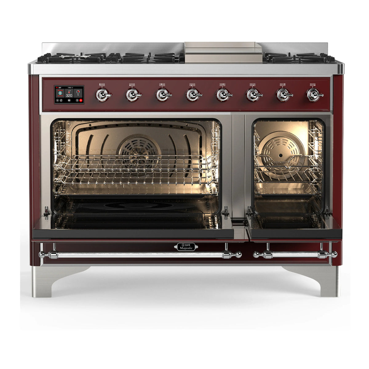 Burgundy dual-fuel range with chrome trim; both oven doors open showing racks