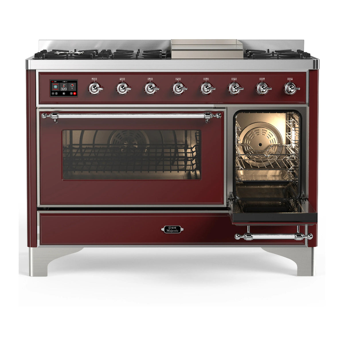 Burgundy dual-fuel range with chrome trim; oven window door closed, right door open