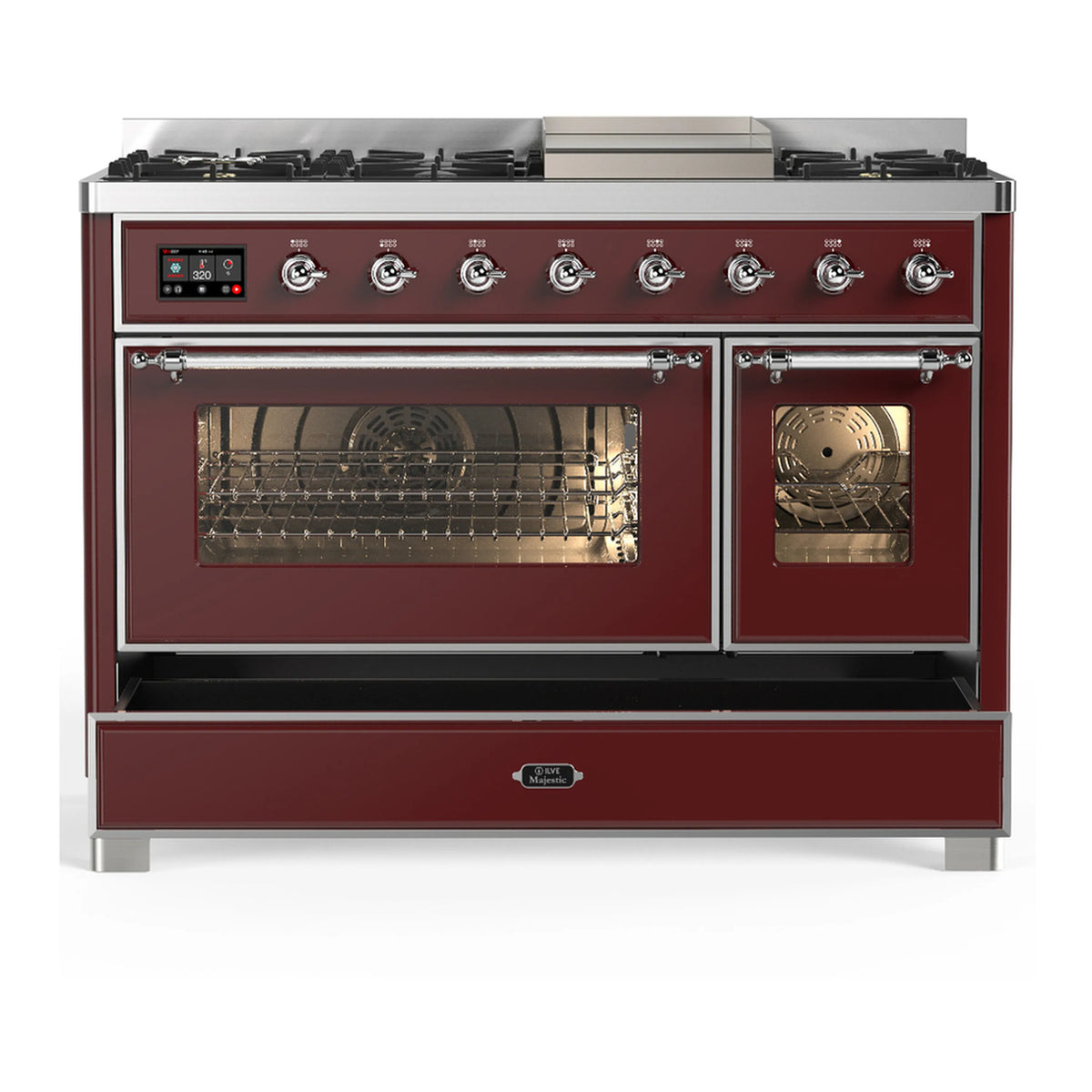 Burgundy dual-fuel range with chrome trim; both oven doors closed with glass windows