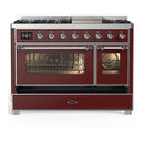 ILVE Majestic III 48-inch Dual Fuel Range with 5 Natural Gas Burner, Griddle and Triple Glass Door Electric Oven in Burgundy with Chrome Trim (UM48FNR3BUC)