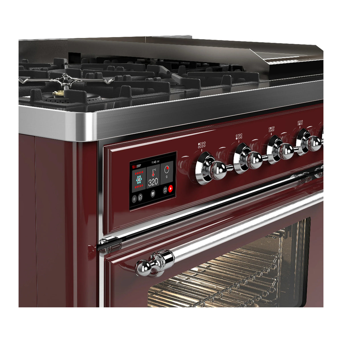 Burgundy dual-fuel range control panel with chrome knobs and display; oven door shows rack