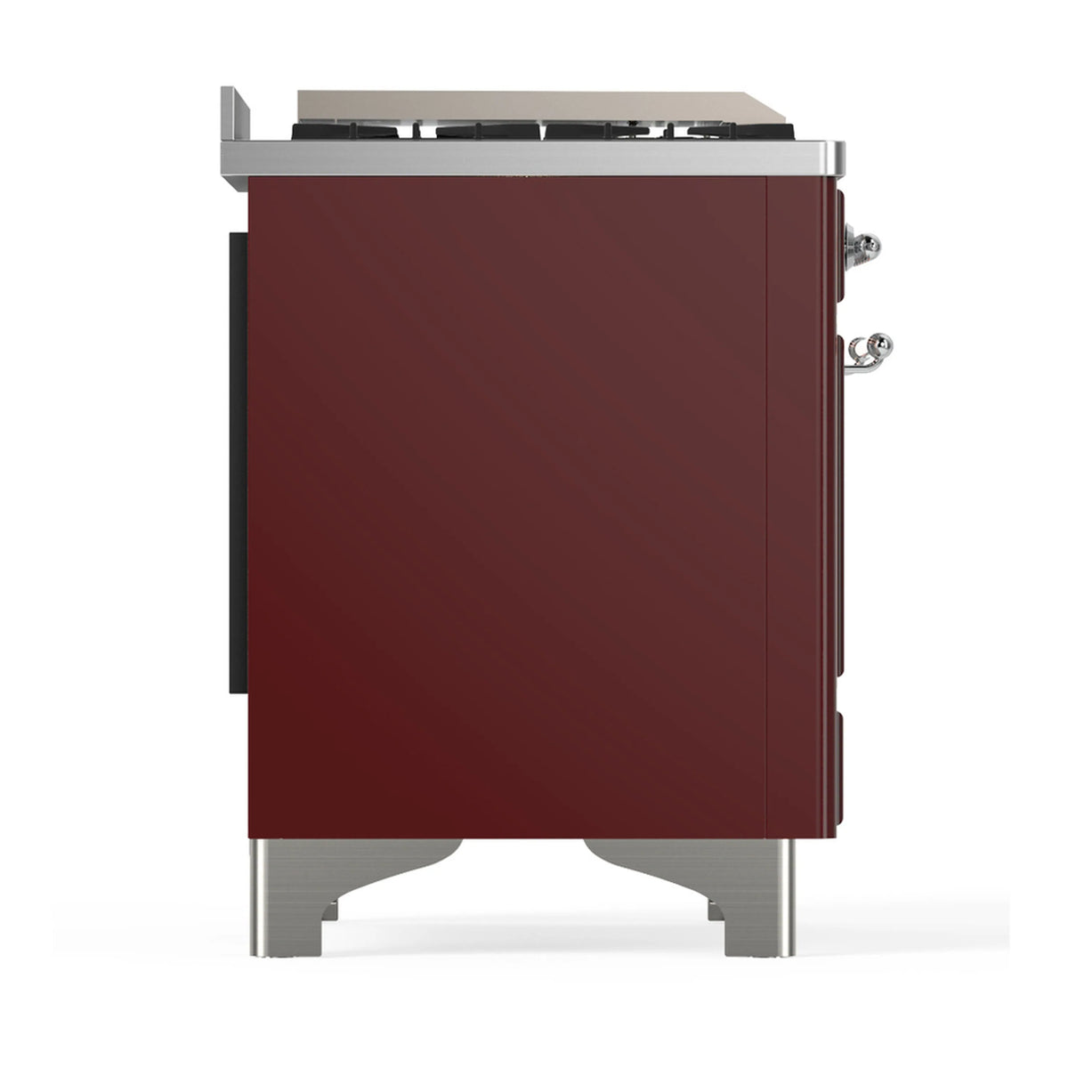 Burgundy dual-fuel range side panel with chrome legs; trim and handle hardware visible