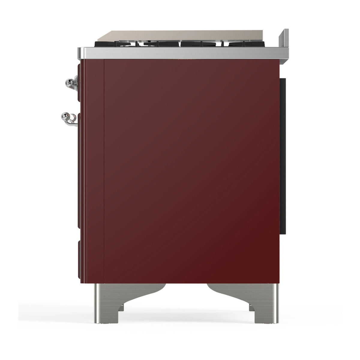 Burgundy dual-fuel range side/back panel with chrome legs and trim hardware