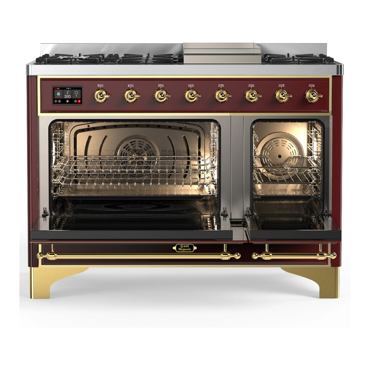 Burgundy dual fuel range with brass trim, both ovens open with racks inside