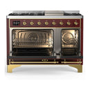 ILVE Majestic III 48-inch Dual Fuel Range with 5 Liquid Propane Burner, Griddle and Triple Glass Door Electric Oven in Burgundy with Brass Trim (UM48FNR3BUGLP)