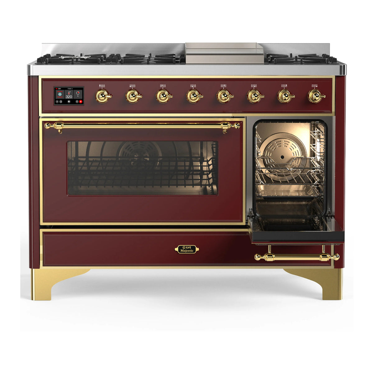 Burgundy dual fuel range with brass trim, oven window and open baking compartment
