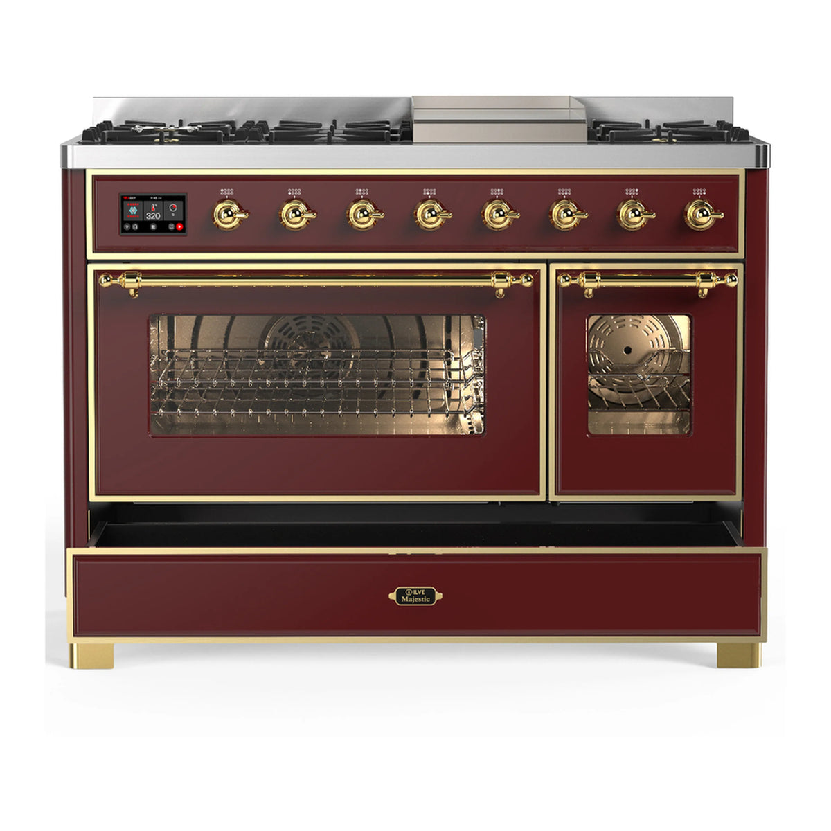 Burgundy dual fuel range with brass trim, double oven doors with glass windows