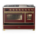 ILVE Majestic III 48-inch Dual Fuel Range with 5 Liquid Propane Burner, Griddle and Triple Glass Door Electric Oven in Burgundy with Brass Trim (UM48FNR3BUGLP)